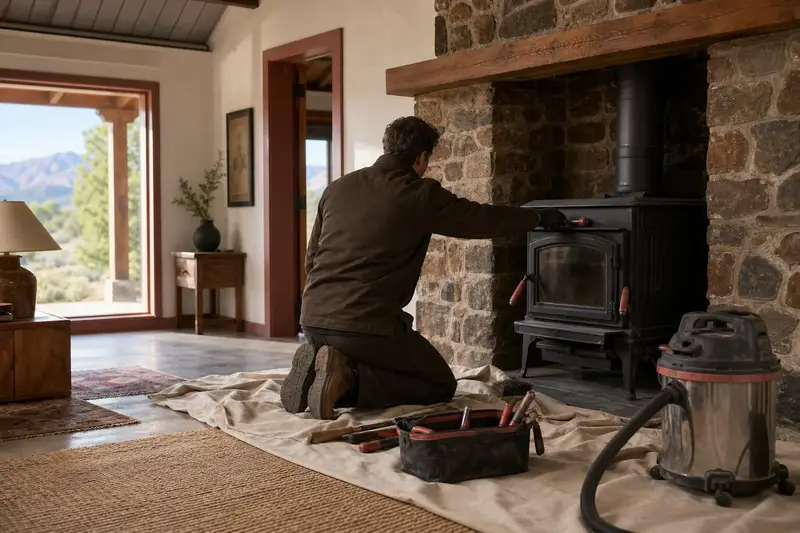 A technician adjusting the damper handle of a cast-iron wood stove on a stone hearth pad by flashlight, the fireplace cold; illustrative image