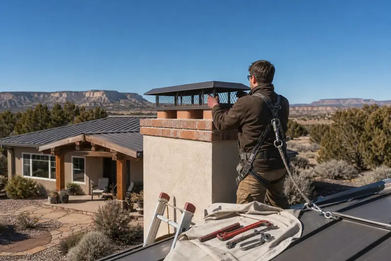 A harnessed technician fastening a multi-flue cap over the crown of a stucco chimney with a spark arrestor cap; illustrative image