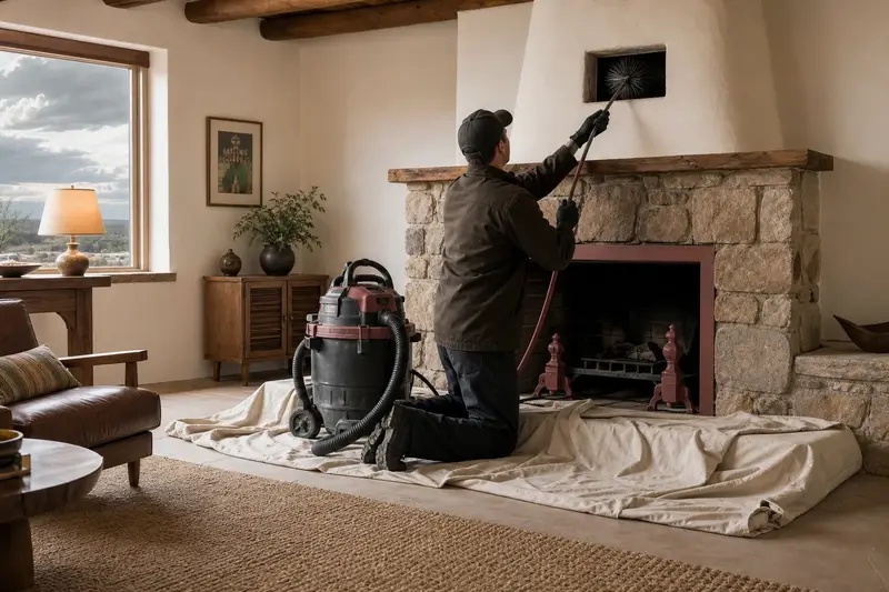 A technician feeding a rotary chimney brush up the flue of a factory-built wood-burning fireplace with a stone facing, drop cloths and a sealed vacuum on the hearth; illustrative image