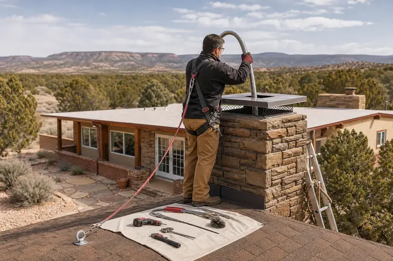 A harnessed technician guiding a flexible stainless steel liner down into the flue at the top of a stacked-stone chimney with a steel cap; illustrative image