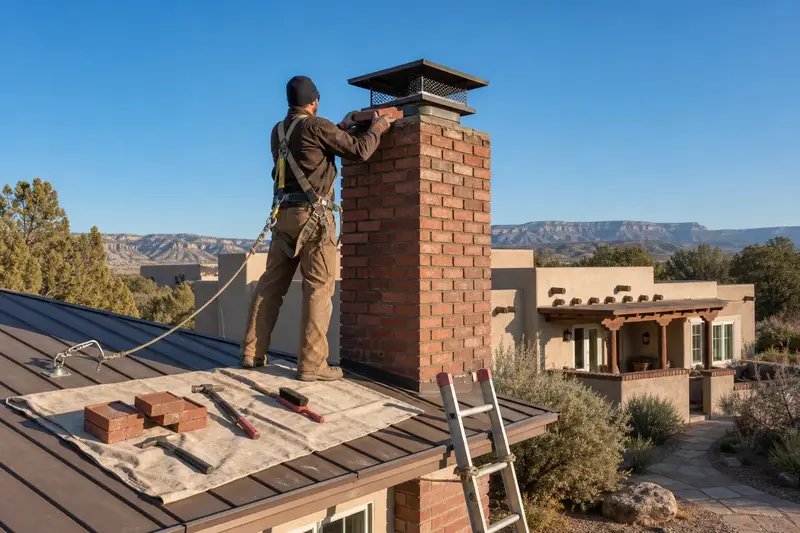 A harnessed mason setting a replacement brick near the top of a brick chimney with a steel cap on a pitched metal roof; illustrative image