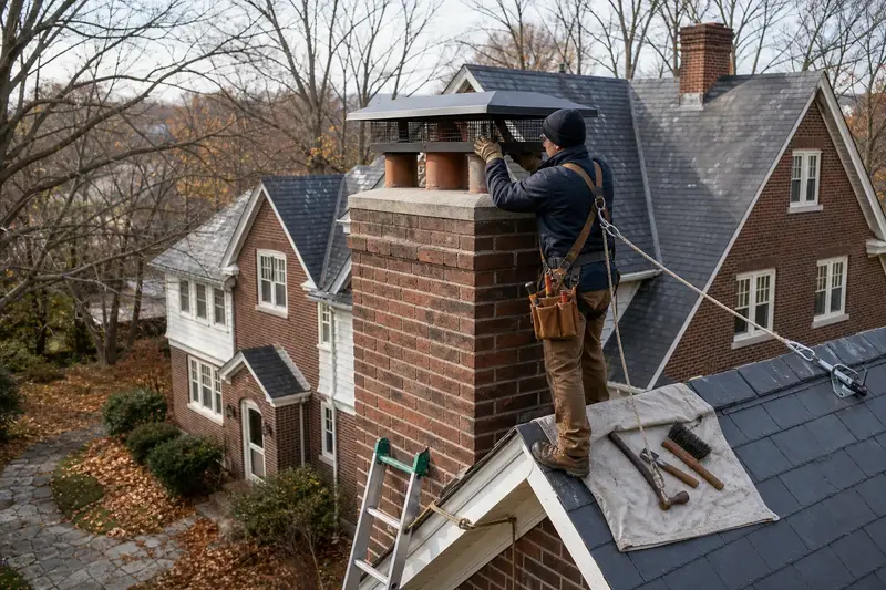 A harnessed technician fastening a multi-flue cap over the crown of a tall brick chimney on a steep gable roof; illustrative image