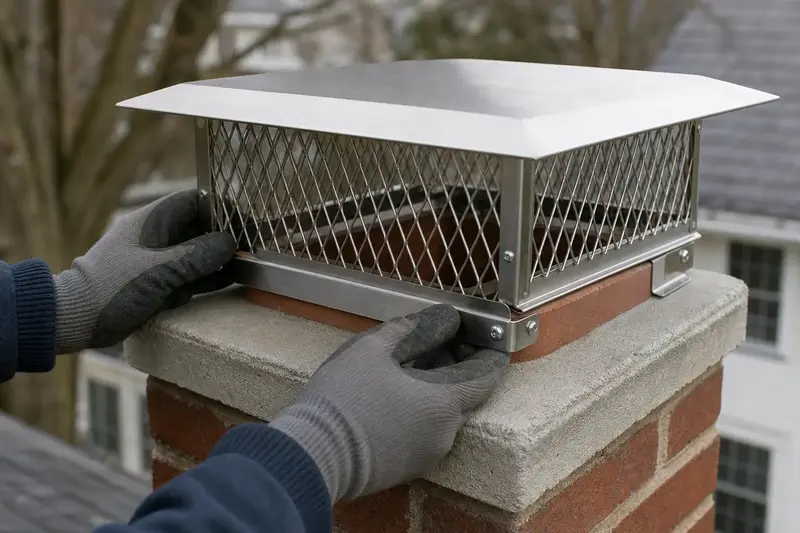 A stainless steel mesh cap seated on a flue above a concrete crown, seen up close; illustrative image
