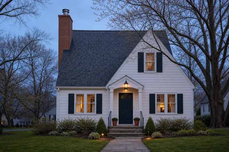 A 1940s steep-gabled frame house with a tall brick chimney on a steep gable roof topped by a stainless steel cap; illustrative image