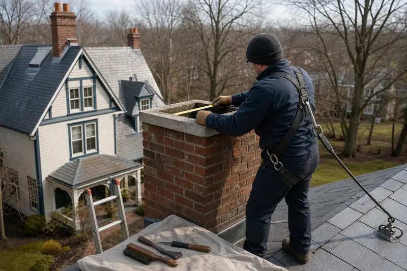 A harnessed technician sizing the flue opening of a red brick chimney with a concrete crown for a new cap; illustrative image