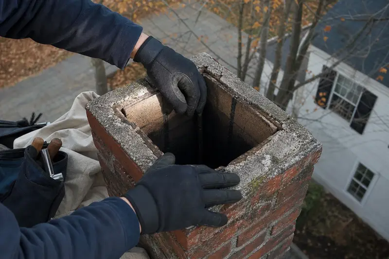 An open flue with no cap at the top of a brick chimney, seen up close; illustrative image