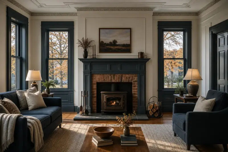 A tidy hearth room with a wood-burning insert in a brick opening, a cleared hearth, fireplace tools and split firewood; illustrative image