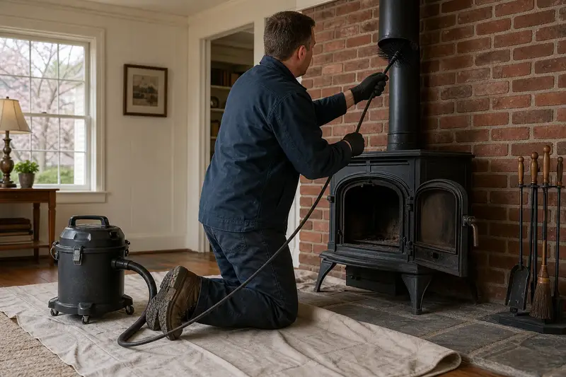 A technician feeding a rotary chimney brush up the flue of a cast-iron wood stove on a stone hearth pad, drop cloths and a sealed vacuum on the hearth; illustrative image
