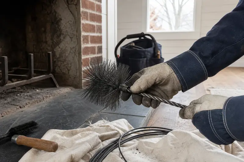Gloved hands fitting a round wire brush onto a flexible rod at the hearth of an open masonry wood-burning fireplace; illustrative image