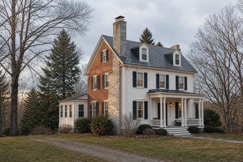 A 1940s Victorian frame house with a stone masonry chimney and a stainless steel cap; illustrative image