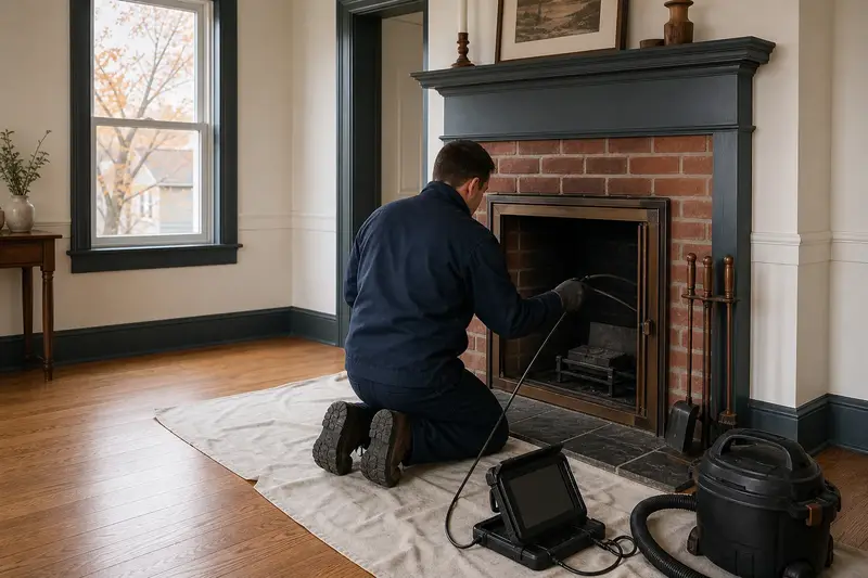 A technician guiding an inspection camera into the firebox of a direct-vent gas fireplace, the fireplace cold and unlit; illustrative image