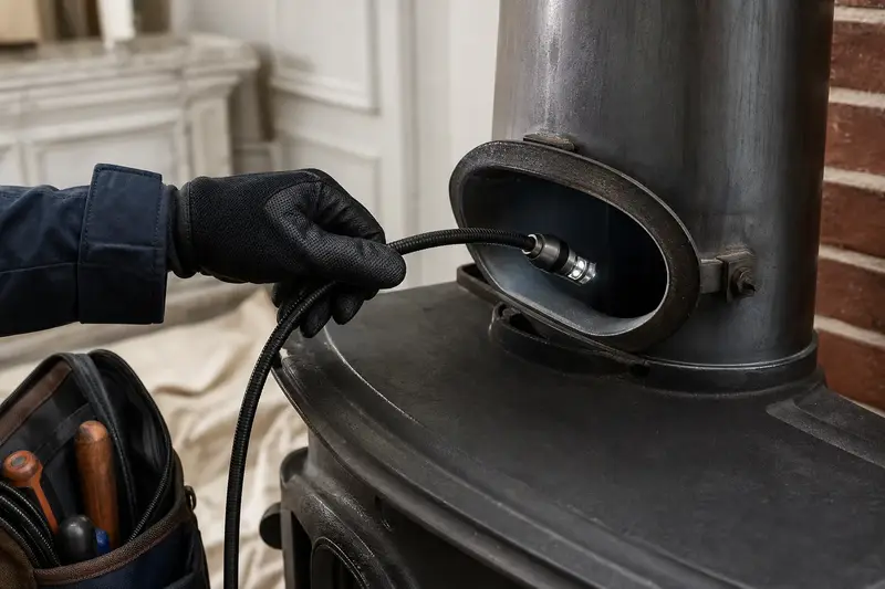 An inspection camera head on a flexible cable at the damper opening of a freestanding gas stove; illustrative image