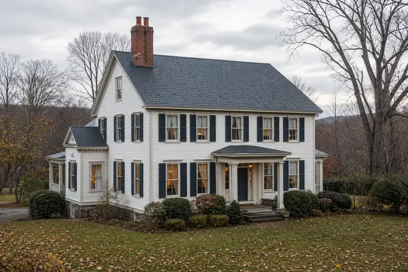 A 1940s Victorian frame house with a two-flue brick chimney on a slate roof and neat, even mortar joints; illustrative image