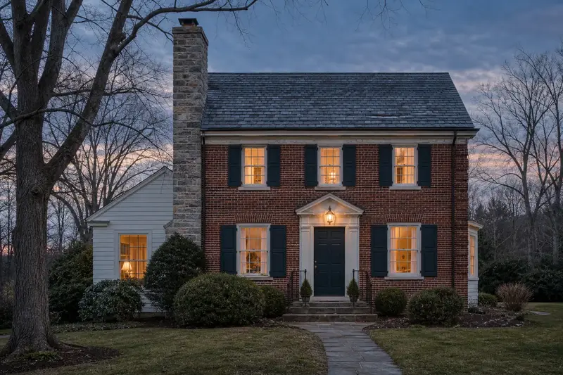 A 1940s brick two-story house with a stone masonry chimney and neat mortar joints; illustrative image