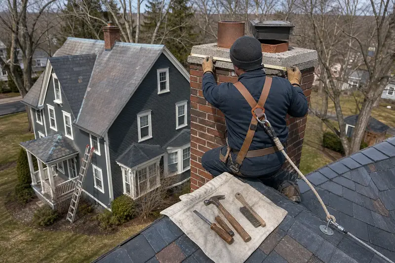 A harnessed mason measuring the crown of a tall brick chimney on a steep gable roof with a folding rule; illustrative image