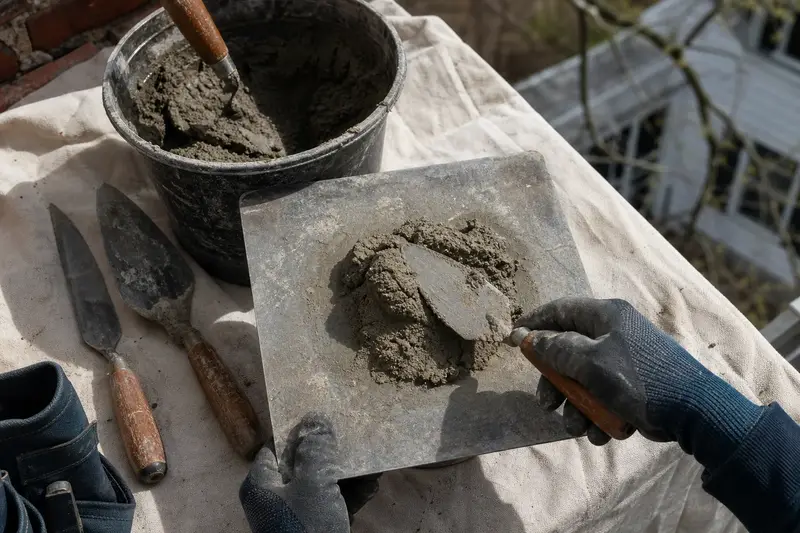 A mortar hawk, trowels and a bucket of mixed mortar set on a roof work platform; illustrative image