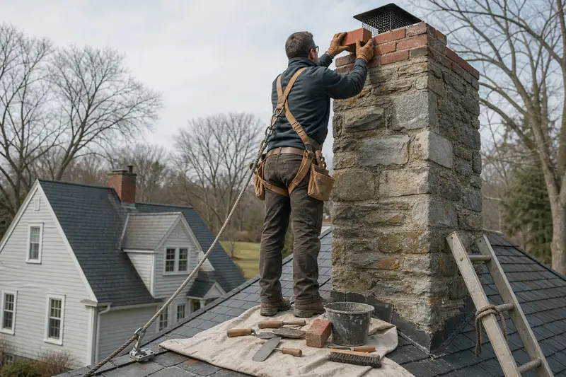 A harnessed mason setting a replacement brick near the top of a stone masonry chimney; illustrative image