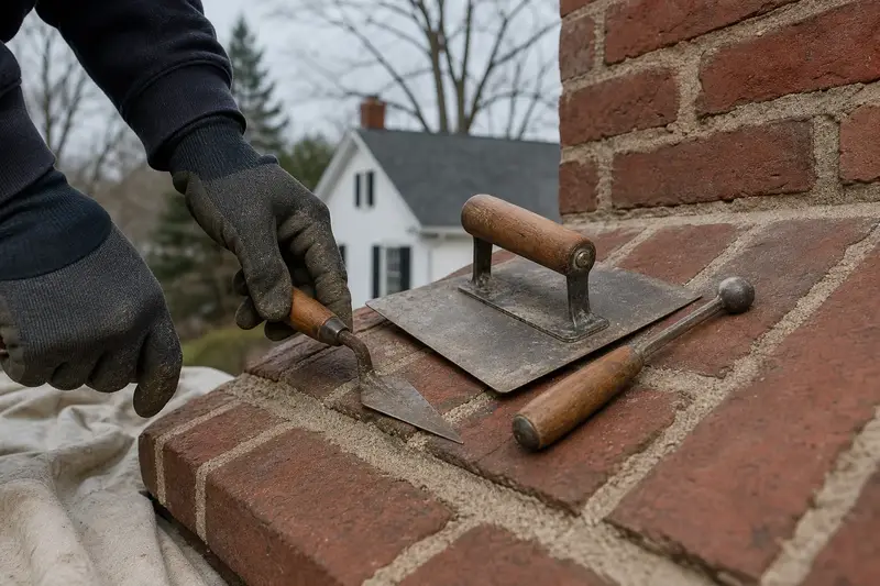 A mortar hawk, pointing trowel and jointer resting on sound brick at a chimney shoulder; illustrative image