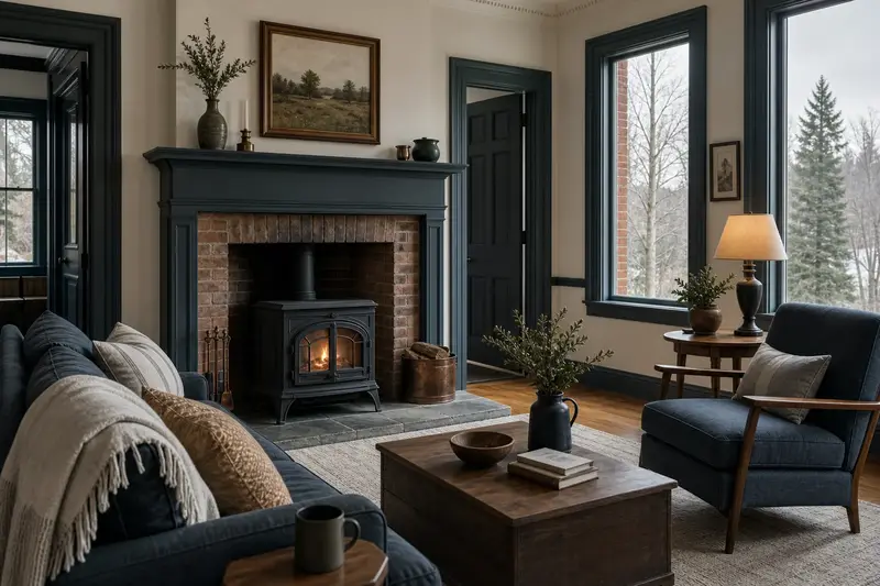 A warm hearth room with a cast-iron wood stove on a stone hearth pad on a cool evening, no one present; illustrative image