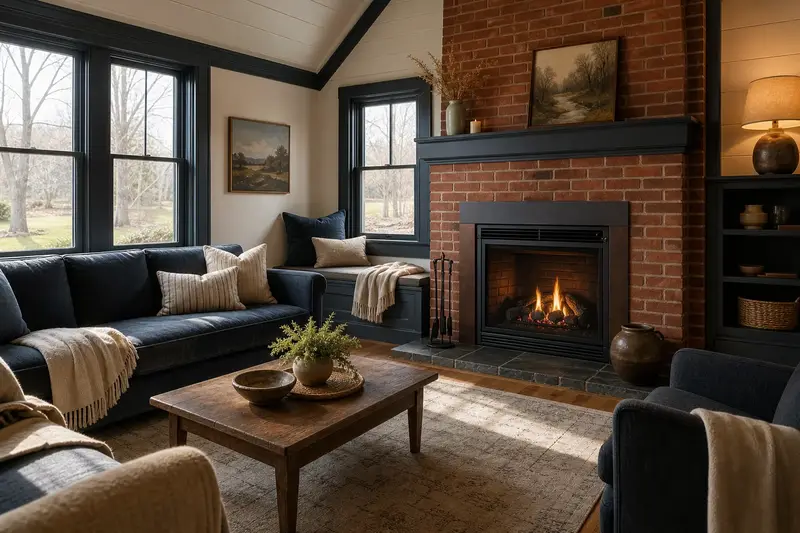 A warm living room with a direct-vent gas fireplace glowing softly behind its glass, no one present; illustrative image