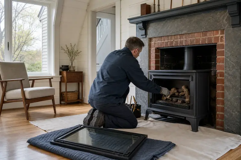A technician checking the burner and log placement of a freestanding gas stove with the gas off and the glass set aside; illustrative image