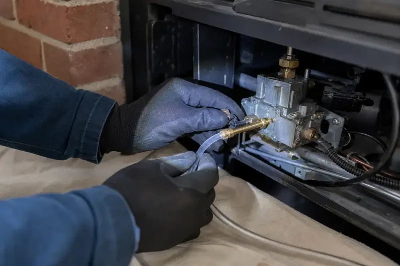 Gloved hands holding a manometer probe at the gas valve beneath a gas insert set in a brick opening; illustrative image