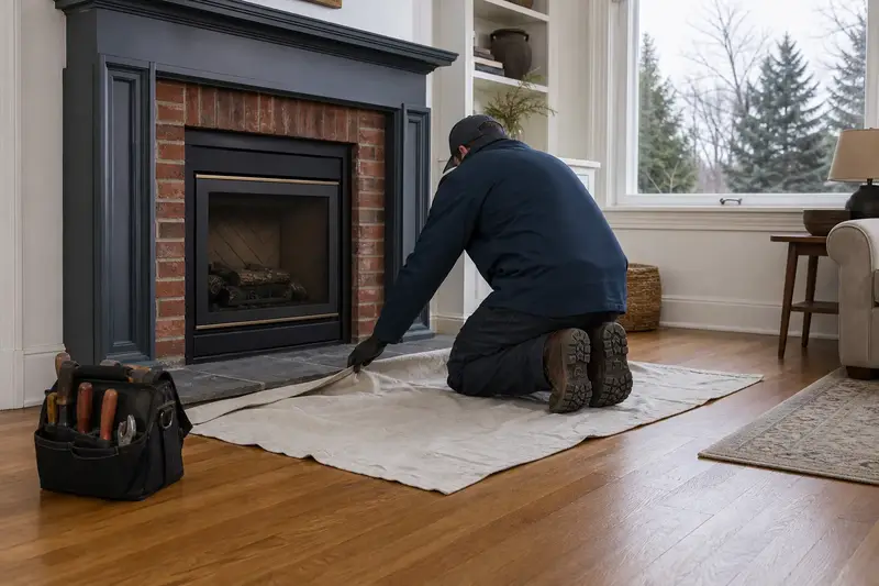 A technician laying drop cloths before servicing a direct-vent gas fireplace, the fireplace cold; illustrative image