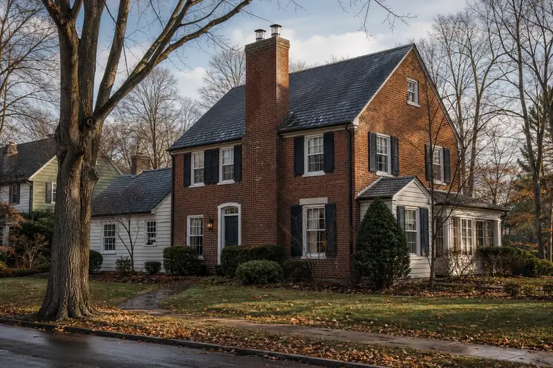 A 1940s brick two-story house after steady rain with a two-flue brick chimney on a slate roof and a stainless steel cap; illustrative image
