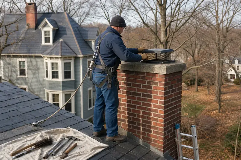A harnessed technician examining the crown and cap of a red brick chimney with a concrete crown from a dry roof; illustrative image