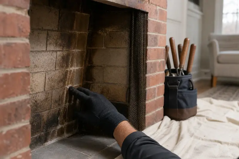 Water staining on the firebrick of a cold fireplace, seen up close; illustrative image