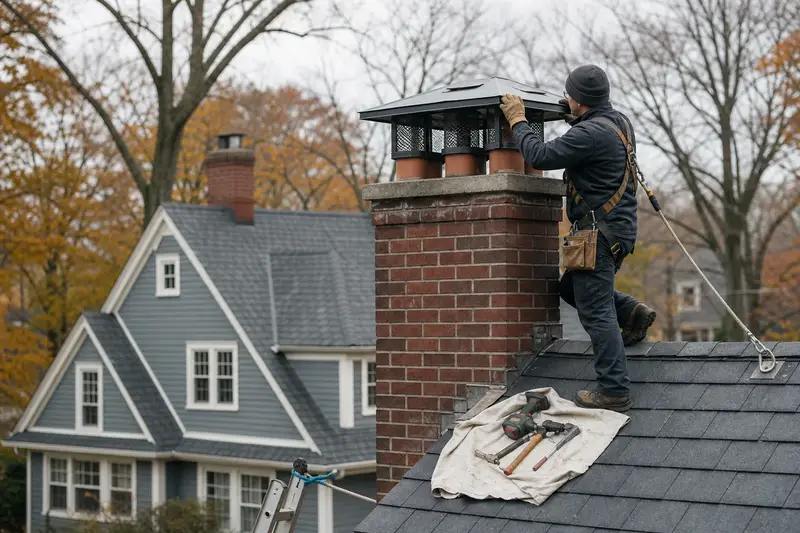 A harnessed technician fastening a multi-flue cap over the crown of a tall brick chimney on a steep gable roof; illustrative image