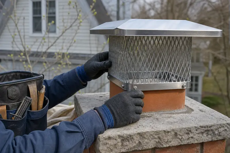A stainless steel mesh cap seated on a flue above a concrete crown, seen up close; illustrative image