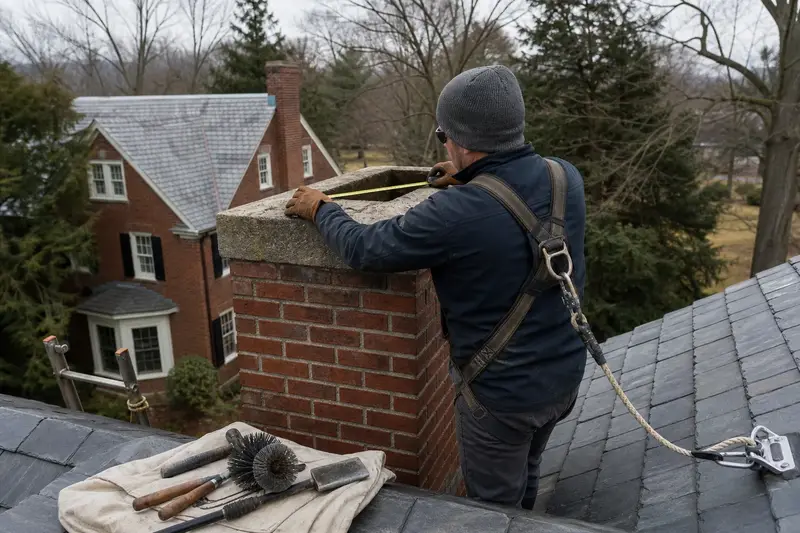 A harnessed technician sizing the flue opening of a red brick chimney with a concrete crown for a new cap; illustrative image