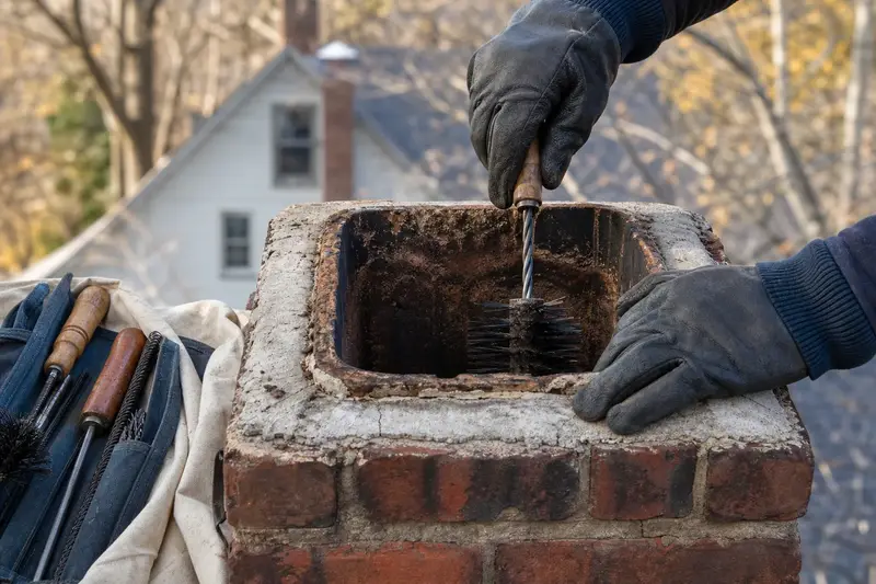 An open flue with no cap at the top of a brick chimney, seen up close; illustrative image