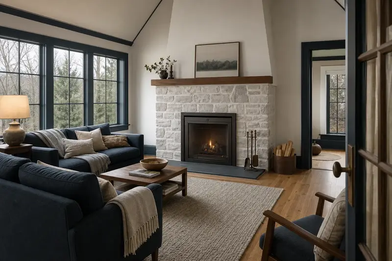 A tidy hearth room with a factory-built wood-burning fireplace with a stone facing, a cleared hearth, fireplace tools and split firewood; illustrative image