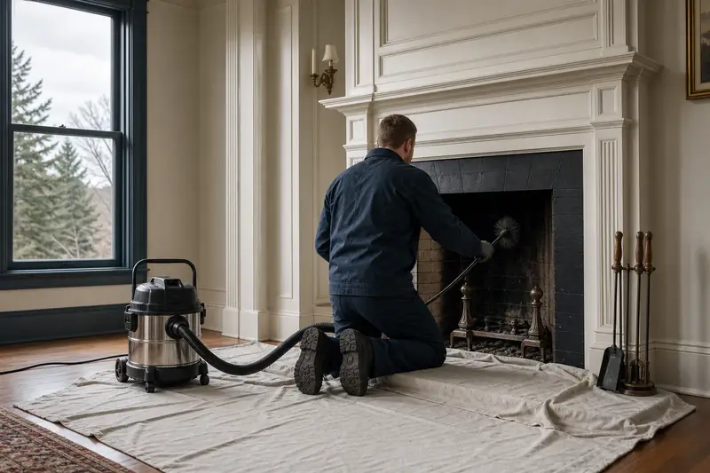 A technician kneeling at an open masonry wood-burning fireplace with a sealed vacuum and drop cloths, the fireplace cold and unlit; illustrative image