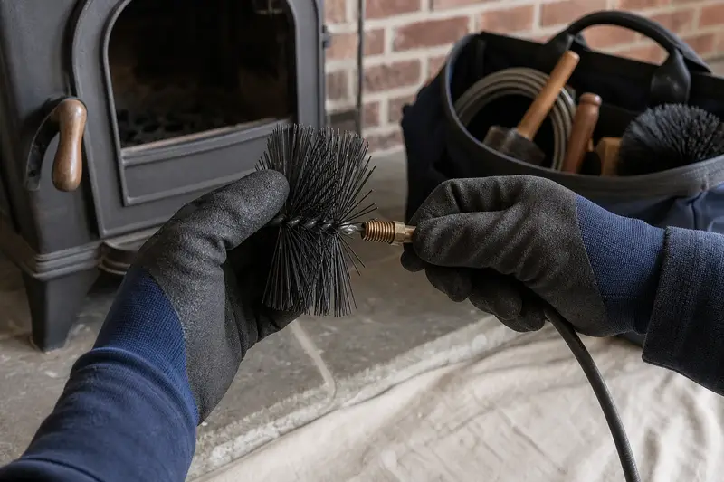 Gloved hands fitting a round wire brush onto a flexible rod at the hearth of a cast-iron wood stove on a stone hearth pad; illustrative image