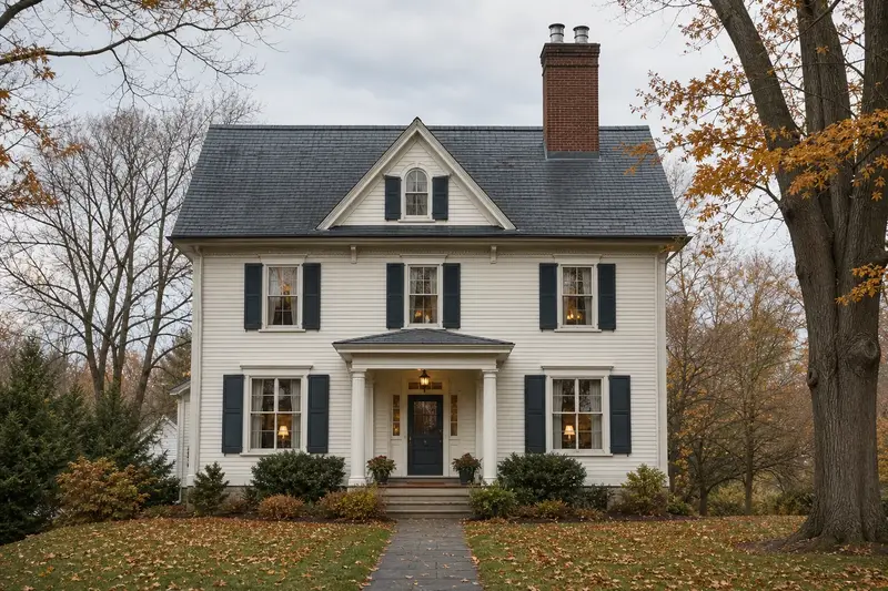 A 1930s Victorian frame house with a two-flue brick chimney on a slate roof and a stainless steel cap; illustrative image