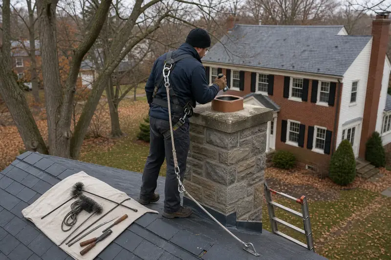 A harnessed technician examining the top of a stone masonry chimney with a flashlight from a dry roof surface; illustrative image
