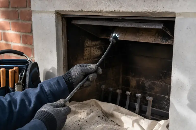 An inspection camera head on a flexible cable at the damper opening of an open masonry wood-burning fireplace; illustrative image