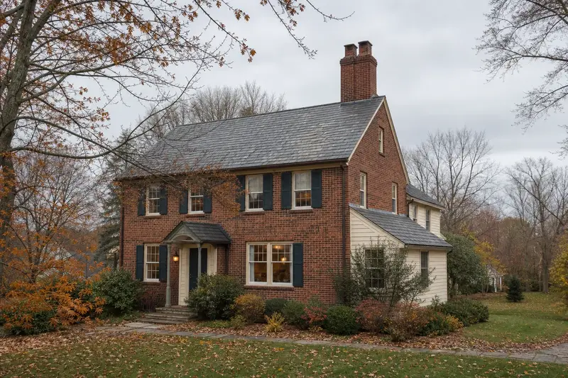 A 1930s brick two-story house with a two-flue brick chimney on a slate roof rising above the roof; illustrative image