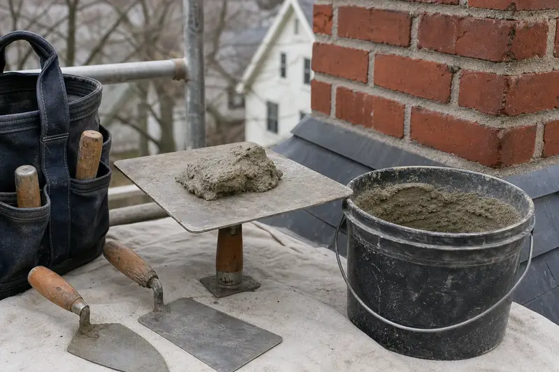 A mortar hawk, trowels and a bucket of mixed mortar set on a roof work platform; illustrative image