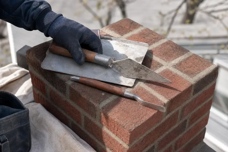 A mortar hawk, pointing trowel and jointer resting on sound brick at a chimney shoulder; illustrative image