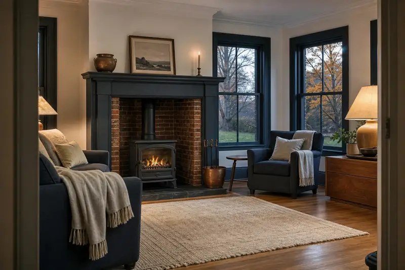 A quiet hearth room with a freestanding gas stove and a garden view through the windows; illustrative image
