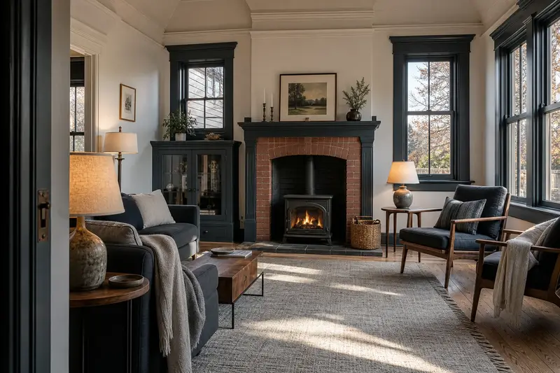 A warm living room with a freestanding gas stove glowing softly behind its glass, no one present; illustrative image