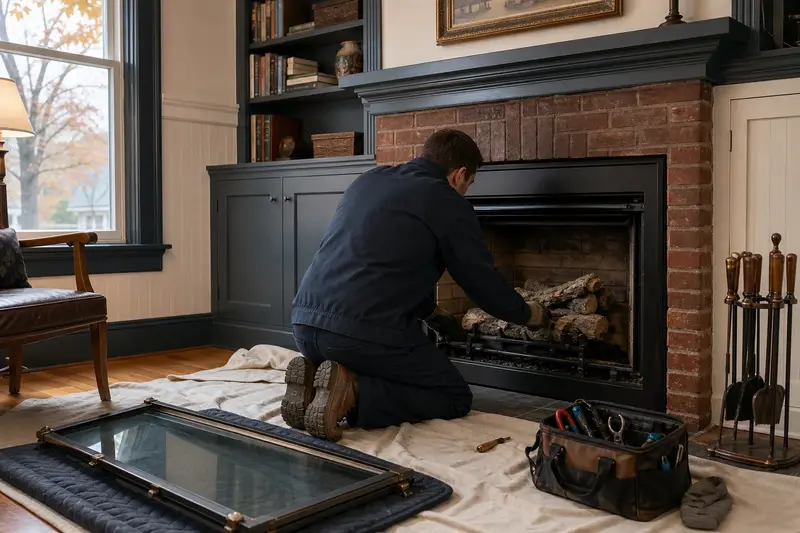 A technician checking the burner and log placement of a gas insert set in a brick opening with the gas off and the glass set aside; illustrative image