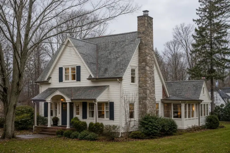 A 1930s steep-gabled frame house after steady rain with a stone masonry chimney and a stainless steel cap; illustrative image