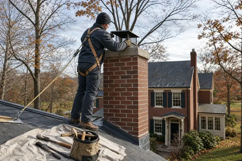 A harnessed technician examining the crown and cap of a red brick chimney with a concrete crown from a dry roof; illustrative image