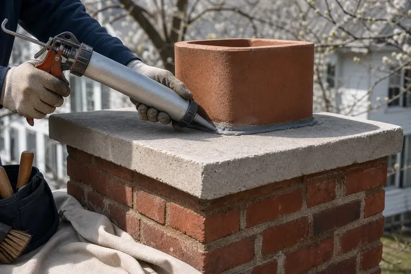 Gloved hands sealing the edge of a concrete chimney crown; illustrative image