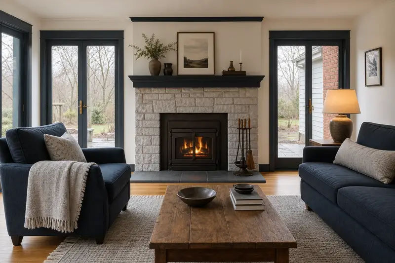 A calm sitting room with a factory-built wood-burning fireplace with a stone facing, a clear hearth and fireplace tools on a stand, no one present; illustrative image